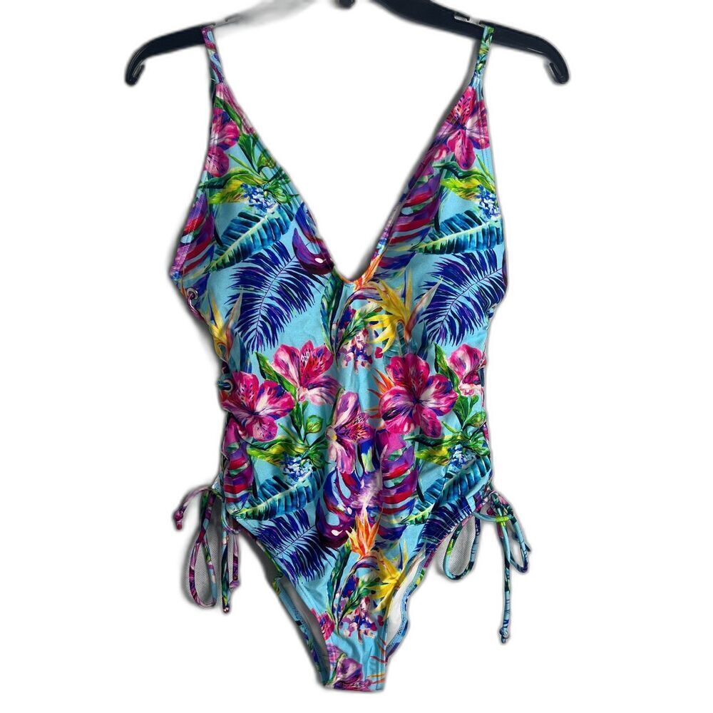 Stylish Swimwear Triangle Top Tie Side Tropical Pattern Deep V Swimsuit Sz LG